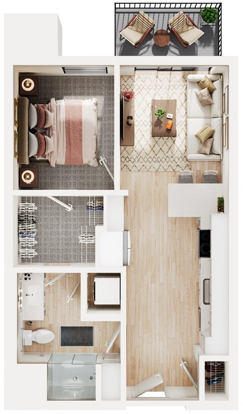 Floor plan for 1 bed, 1 bath, 558 sqft